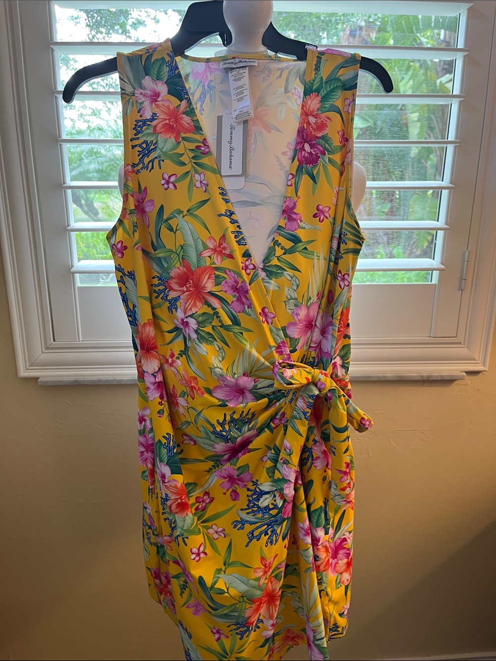 Tommy Bahama Yellow Tropical Floral Midi Wrap Dress